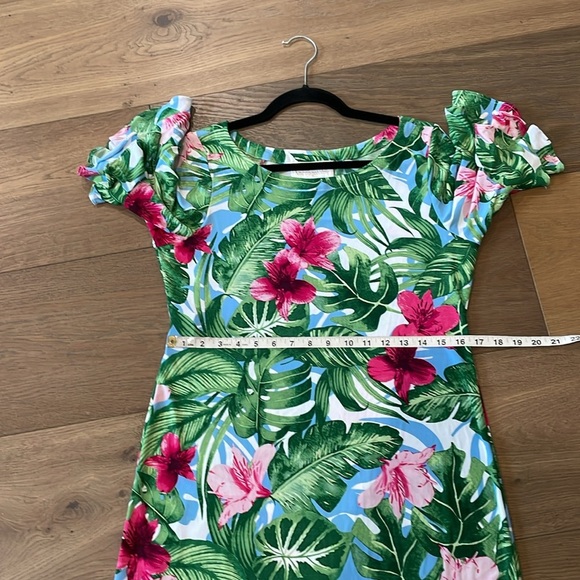 Pappagallo Womens Tropical Floral Shift Dress S Green Pink Ruffle Sleeve Vacay - Picture 10 of 12